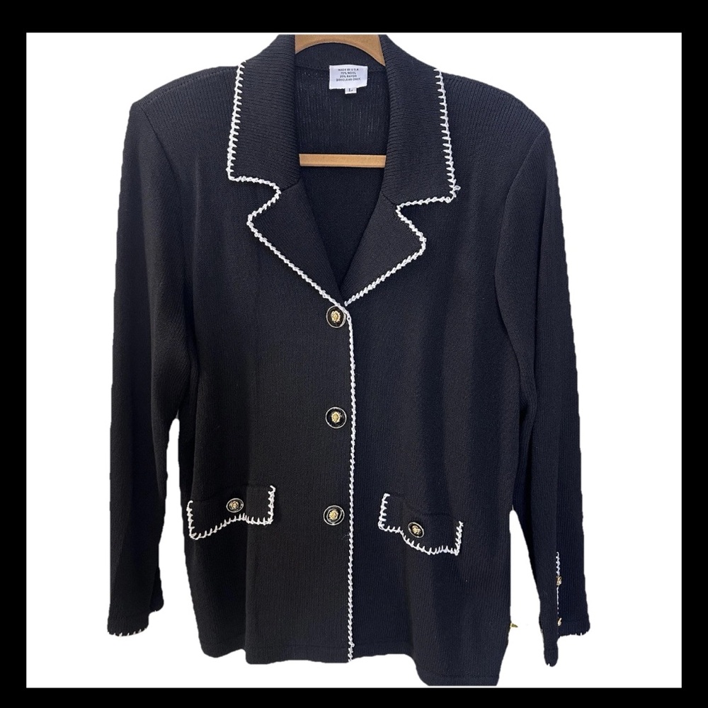 Old Money Black Blazer Jacket White Piping Trim-Women’s L-Quiet Luxury Business
